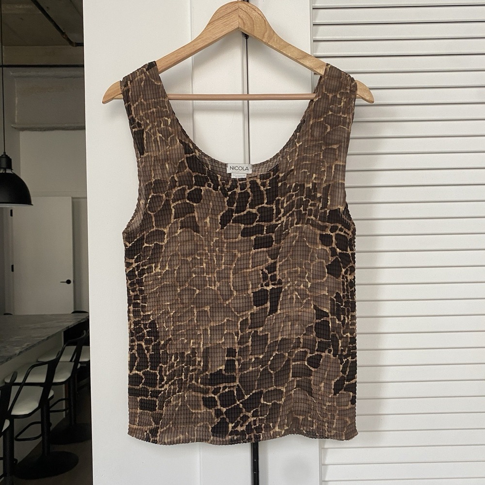 Nicola Y2K Brown Animal Print Crinkled Sleeveless Top Women's XL Stretchy 90s